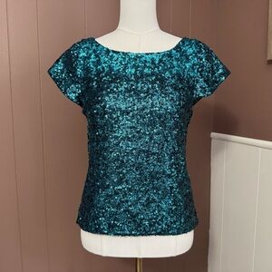 Alice + Olivia Aqua Blue Sequin Silk Short Sleeve Shirt